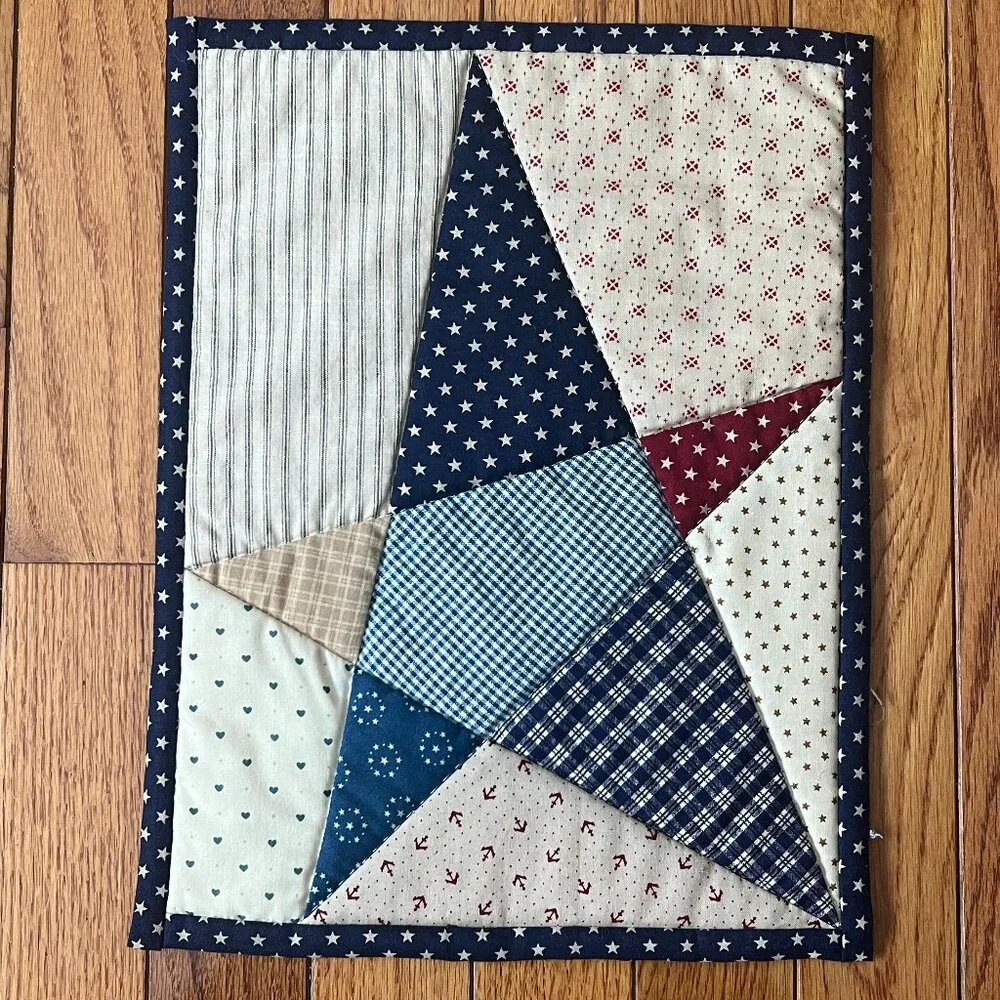 Handmade Hand Stitched Patchwork Primitive Star Quilt Placemat Table Topper